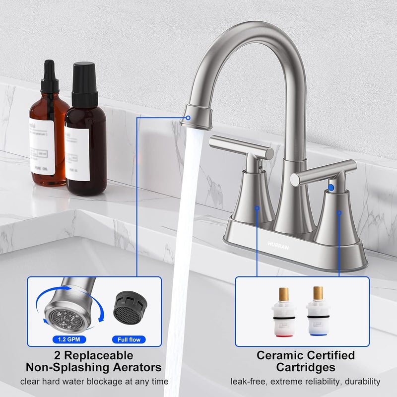 Hurran Bathroom Faucets for Sink 3 Hole, 4 inch Brushed Nickel Bathroom Sink Faucet with Pop-up Drain and Supply Hoses, Stainless Steel Lead-Free Centerset Faucet for Vanity RV, 2 Pack - Image 4